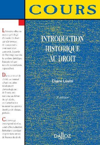 Couverture du livre « Introduction historique au droit (3e édition) » de Claire Lovisi aux éditions Dalloz