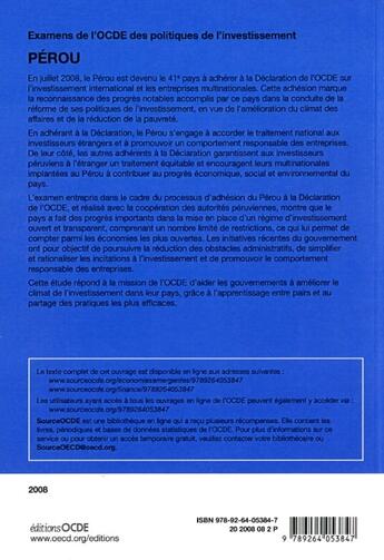 Couverture du livre « Examens de l'OCDE des politiques de l'investissement ; Pérou » de  aux éditions Ocde