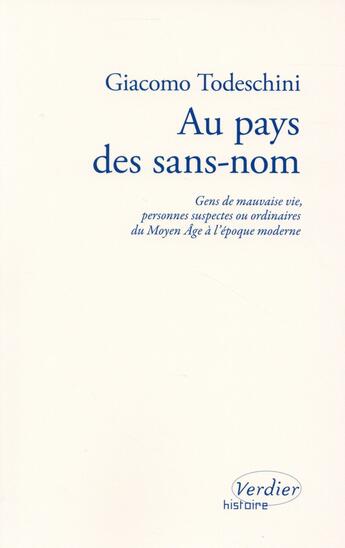 Couverture du livre « Au pays des sans-nom » de Giacomo Todeschini aux éditions Verdier