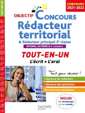 Couverture du livre « Objectif concours ; rédacteur territorial et rédacteur principal 2e classe ; interne, externe et 3e concours ; tout-en-un (édition 2021/2022) » de Bernard Delhoume aux éditions Hachette Education