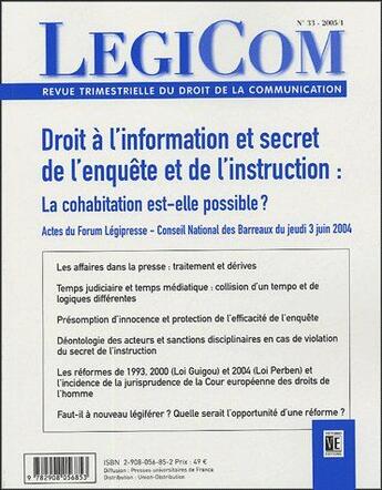 Couverture du livre « Droit à l'information et secret de l'enquête et de l'instruction : la cohabitation est-elle possible ? (édition 2005) » de  aux éditions Victoires