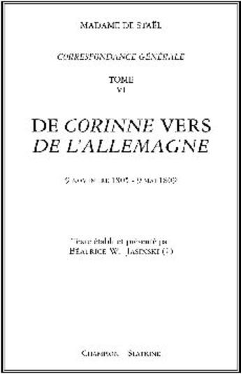 Couverture du livre « Correspondance générale t.6 ; 1805-1809 » de Germaine De Stael-Holstein aux éditions Slatkine