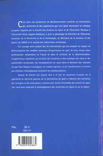 Couverture du livre « Sport de haut niveau et sport professionnel en région(s) : Quelles articulations avec l'État et l'Europe ? Colloque de l'Université de Bordeaux II-Victor Segalen, 18-20 mars 2000 » de Andre Menaut aux éditions Maison Sciences De L'homme D'aquitaine