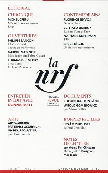 Couverture du livre « La N.R.F. N615 (Novembre 2015) » de  aux éditions Gallimard