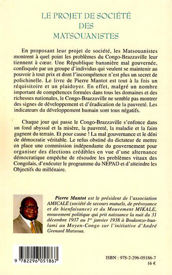 Couverture du livre « Projet de société des matsouanistes » de Pierre Mantot aux éditions L'harmattan