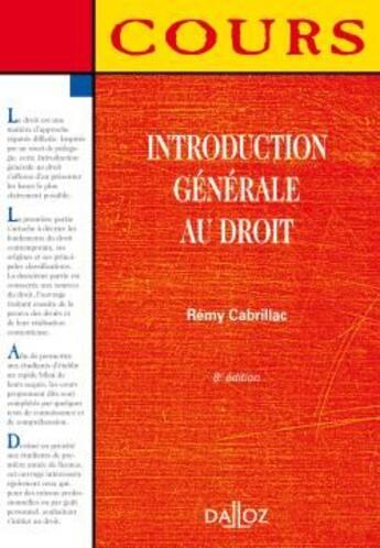 Couverture du livre « Introduction générale au droit (8e édition) » de Remy Cabrillac aux éditions Dalloz