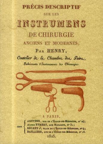 Couverture du livre « Précis descriptif sur les instruments de chirurgie » de Henry aux éditions Maxtor