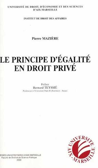 Couverture du livre « Le principe d'égalité en droit privé » de Pierre Maziere aux éditions Pu D'aix Marseille