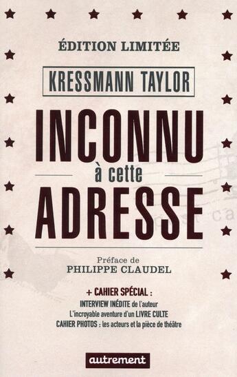 Couverture du livre « Inconnu a cette adresse - edition anniversaire » de Taylor Kressmann aux éditions Autrement