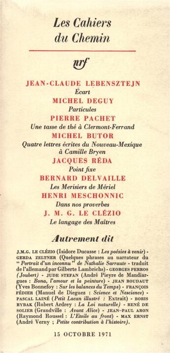 Couverture du livre « Les Cahiers Du Chemin 13 (15 Octobre 1971) » de Collectifs Gallimard aux éditions Gallimard