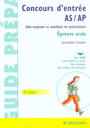 Couverture du livre « Concours d'entree as-ap ; epreuve orale ; 3e edition » de Jacqueline Gassier aux éditions Elsevier-masson