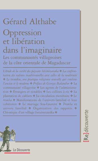 Couverture du livre « Oppression et libération dans l'imaginaire ; les communautés villageoises de la côte orientale de Madagascar » de Althabe/Balandier aux éditions La Decouverte