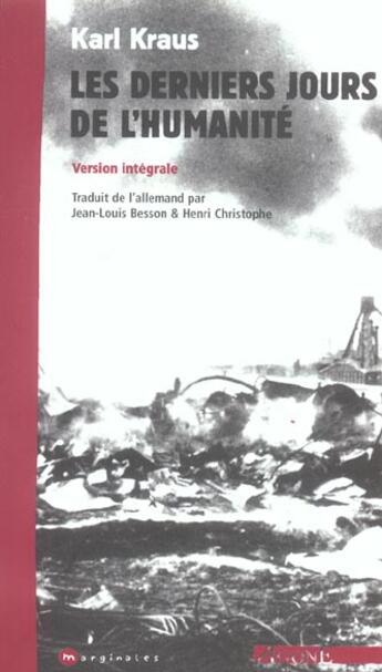 Couverture du livre « Derniers Jours de l'Humanité-Version Intégrale » de Karl Kraus aux éditions Agone