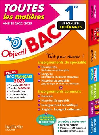 Couverture du livre « Objectif bac : toutes les matières ; 1re spécialités littéraires (édition 2023) » de Vincent Adoumie et Isabelle De Lisle et Michael Salaun et Laurence Teper et Arnaud Léonard et Caroline Garnier aux éditions Hachette Education