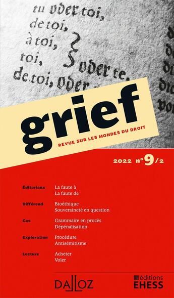 Couverture du livre « Grief, revue sur les mondes du droit n 9/2 » de  aux éditions Dalloz