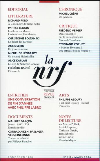 Couverture du livre « La N.R.F. N617 (Mars 2016) » de Collectif Gallimard aux éditions Gallimard