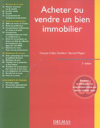Couverture du livre « Acheter ou vendre un bien immobilier (3e édition) » de Bernard Magois et Francois Collart Dutilleul aux éditions Delmas