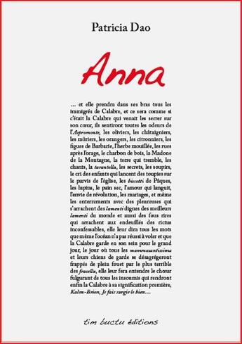Couverture du livre « Anna » de Patricia Dao aux éditions Tim Buctu