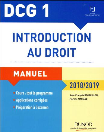 Couverture du livre « DCG 1 ; introduction au droit (édition 2018/2019) » de Jean-Francois Bocquillon et Martine Mariage aux éditions Dunod