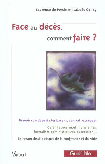 Couverture du livre « N.41 face au deces comment faire » de De Percin L. aux éditions Vuibert