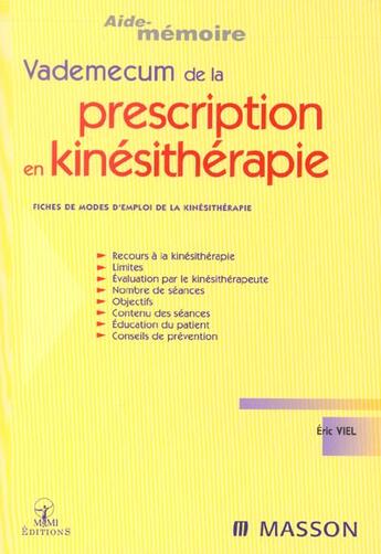 Couverture du livre « Vademecum de la prescription en kinesitherapie - pod » de Eric Viel aux éditions Elsevier-masson