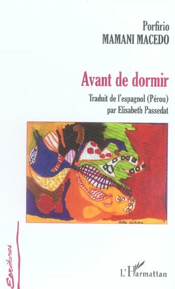 Couverture du livre « Avant de dormir » de Porfirio Mamani Macedo aux éditions L'harmattan