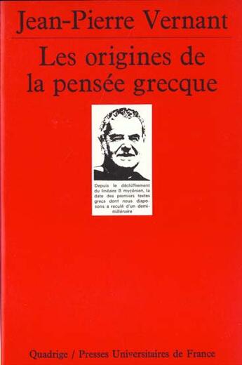 Couverture du livre « Origines de la pensee grecque (les) » de Jean-Pierre Vernant aux éditions Puf