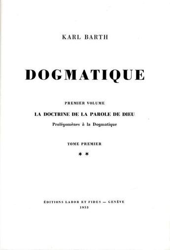 Couverture du livre « Dogmatique barth t.2 » de  aux éditions Labor Et Fides