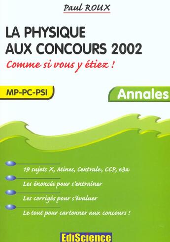 Couverture du livre « La Physique Aux Concours 2002 ; Mp-Pc-Psi ; Annales » de Paul Roux aux éditions Dunod