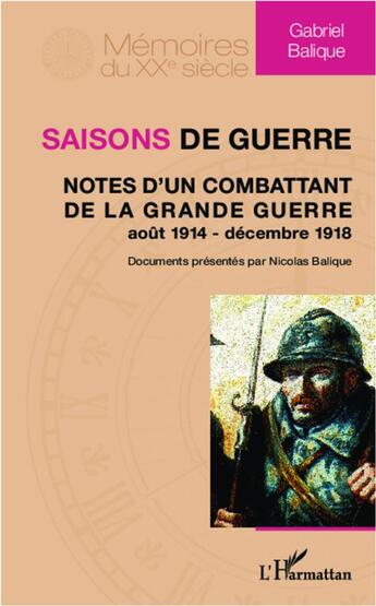 Couverture du livre « Saisons de guerre ; notes d'un combattant de la Grande Guerre (août 1914-décembre 1918) » de Gabriel Balique aux éditions L'harmattan