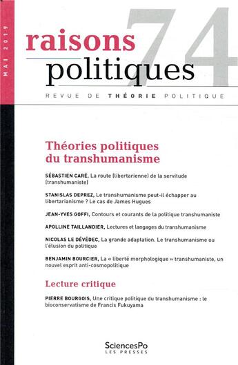 Couverture du livre « Raisons politiques 74 » de  aux éditions Presses De Sciences Po