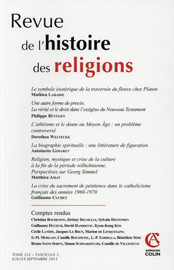 Couverture du livre « Revue de l'histoire des religions t.232 ; juillet-septembre 2015 » de  aux éditions Armand Colin