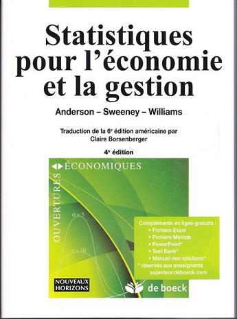 Couverture du livre « Statistiques Pour L'Economie Et La Gestion (Nh) » de Anderson aux éditions De Boeck Superieur