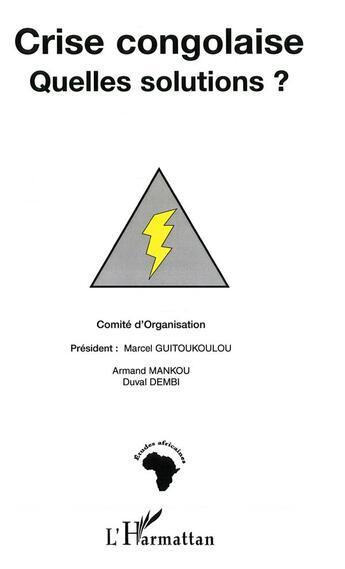 Couverture du livre « Crise congolaise, quelles solutions ? » de  aux éditions L'harmattan