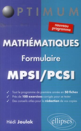 Couverture du livre « Formulaire mathématiques MPSI-PCSI » de Hedi Joulak aux éditions Ellipses