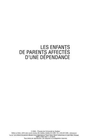 Couverture du livre « Enfants de parents affectés d'une dépendance » de Rene Carbonneau et Franck Vitaro et Jean-Marc Assaad aux éditions Presses De L'universite Du Quebec