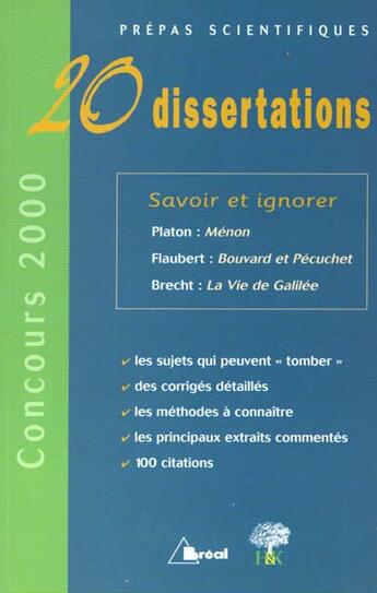 Couverture du livre « 20 Dissertations - Savoir Et Ignorer » de Bardet Caron aux éditions Breal