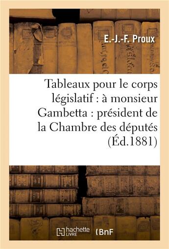 Couverture du livre « Tableaux pour le corps legislatif : a monsieur gambetta : president de la chambre des deputes » de Proux-E-J-F aux éditions Hachette Bnf