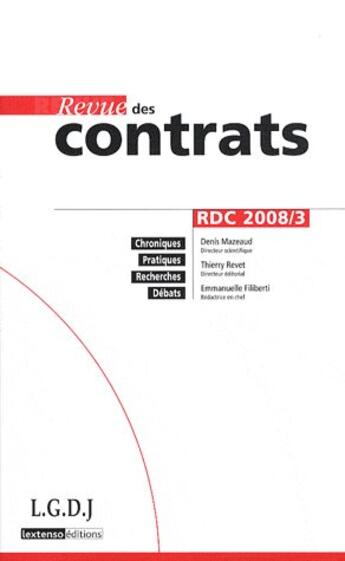 Couverture du livre « Revue des contrats t.3 (édition 2008) » de  aux éditions Lgdj