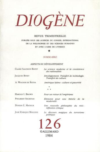 Couverture du livre « Diogene 126 (Avril-Juin 1984) » de Collectif Gallimard aux éditions Gallimard