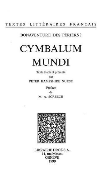 Couverture du livre « Cymbalum mundi » de Des P Riers Bonavent aux éditions Droz