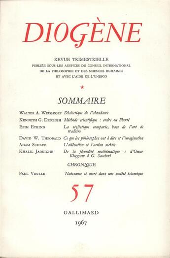 Couverture du livre « Diogene 57 » de Collectifs Gallimard aux éditions Gallimard