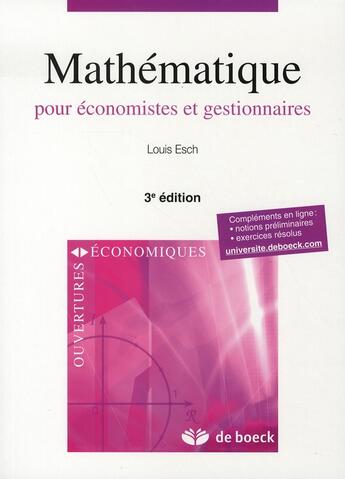 Couverture du livre « Mathématique pour économistes et gestionnaires (3e édition) » de Esch aux éditions De Boeck