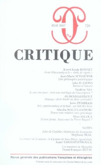 Couverture du livre « Revue Critique n.720 » de Revue Critique aux éditions Minuit