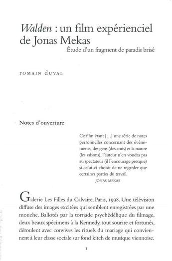 Couverture du livre « Walden : un film expérienciel de Jonas Mekas ; étude d'un fragment de paradis brisé » de Romain Duval aux éditions Lettre Volee