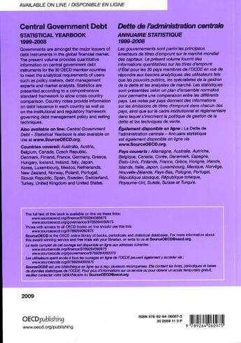 Couverture du livre « Central government debt, statistical yearbook 1999-2008 ; dette de l'administration centrale ; annuaire statistique 1999-2008 (édition 2009) » de  aux éditions Ocde