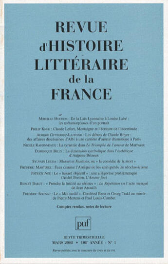 Couverture du livre « REVUE D'HISTOIRE LITTERAIRE DE LA FRANCE n.2008/1 » de Revue D'Histoire Litteraire De La France aux éditions Puf