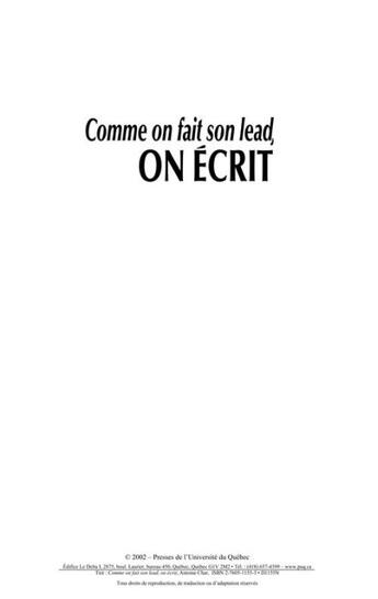 Couverture du livre « Comme on fait son lead, on écrit » de Antoine Char aux éditions Presses De L'universite Du Quebec