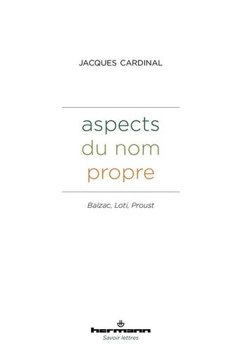 Couverture du livre « Aspects du nom propre : Balzac, Loti, Proust » de Cardinal Jacques aux éditions Hermann