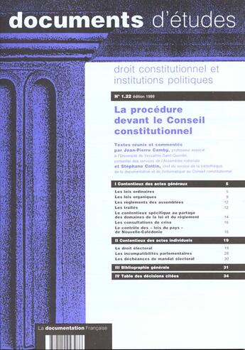 Couverture du livre « La procedure legislative devant le conseil constitutionnel n 1.22 1999 » de  aux éditions Documentation Francaise